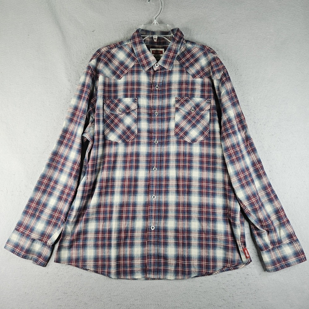 Wrangler Shirt Mens XL Blue Red Plaid Flannel Button Up Western Stretch Casual
